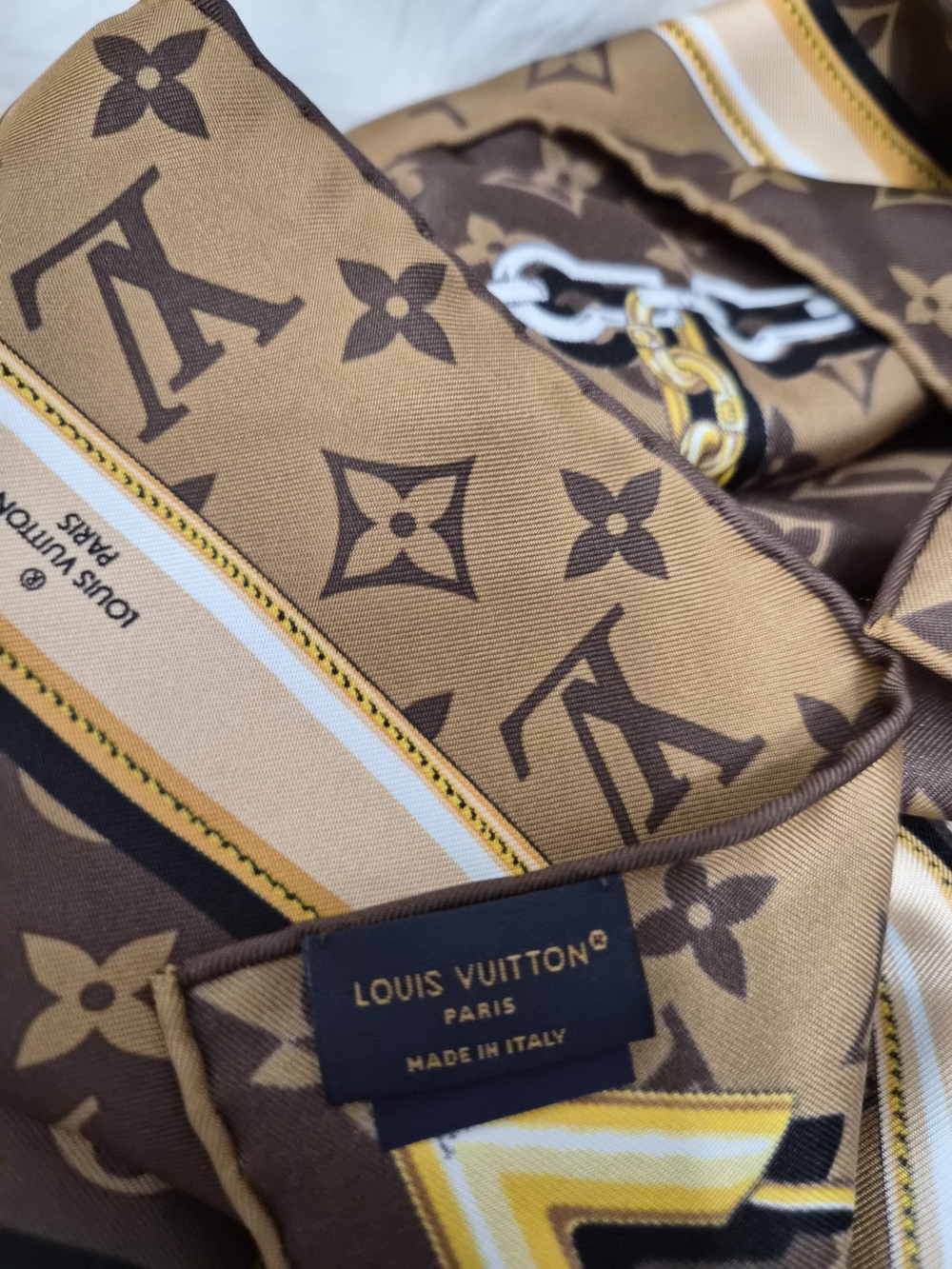 Louis Vuitton Brown & Tan Monogram Silk Scarf with Gold Accents - Picture 2 of 7